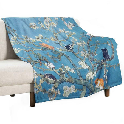 Funny Cat in Almond Blossom by Van Gogh Velvety-soft Throw Blanket