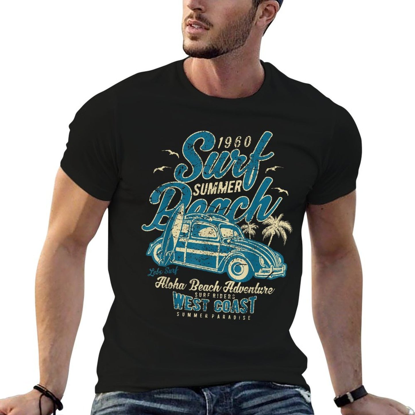 Surf Beach Summer Retro Vintage Distressed  Lightweight T-Shirt