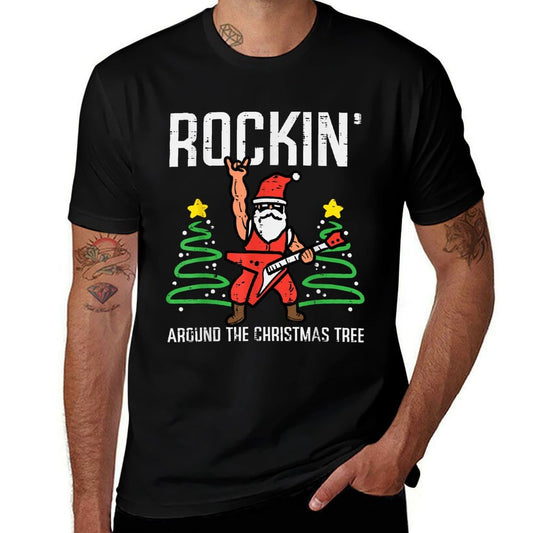 Santa Guitar Rockin Christmas Tree Funny Xmas Rocker Men Boy  Heathered Texture T-Shirt