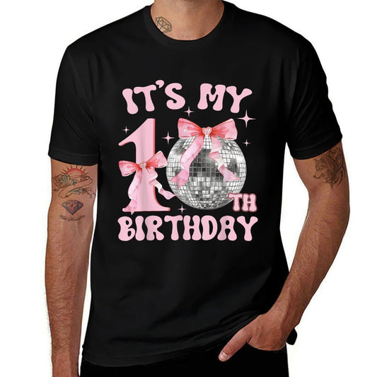 Its My 10th Birthday Girl 10 Year Disco And Coquette Bow  Ribbed Collar T-Shirt