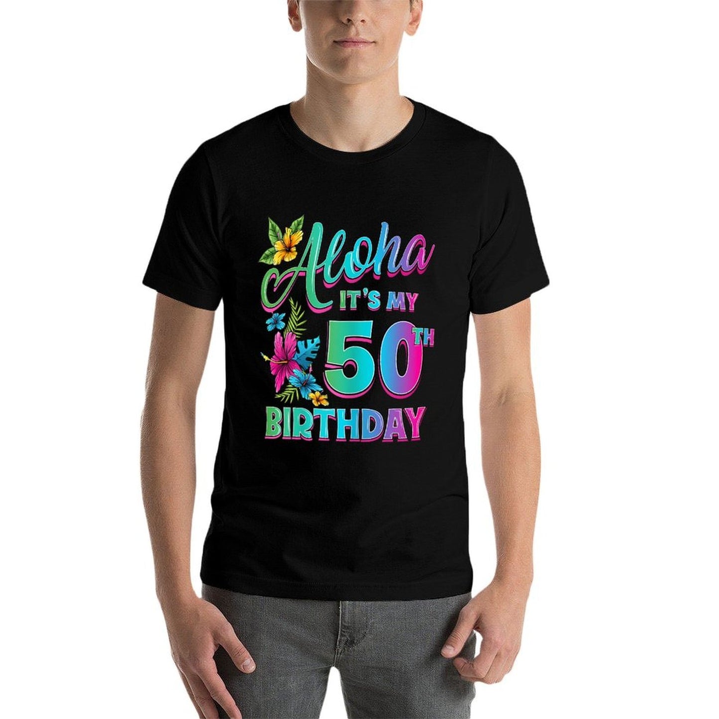 50th Birthday Aloha Hawaii Hibiscus Flower Hawaiian Theme  Oversized Silhouette T-Shirt