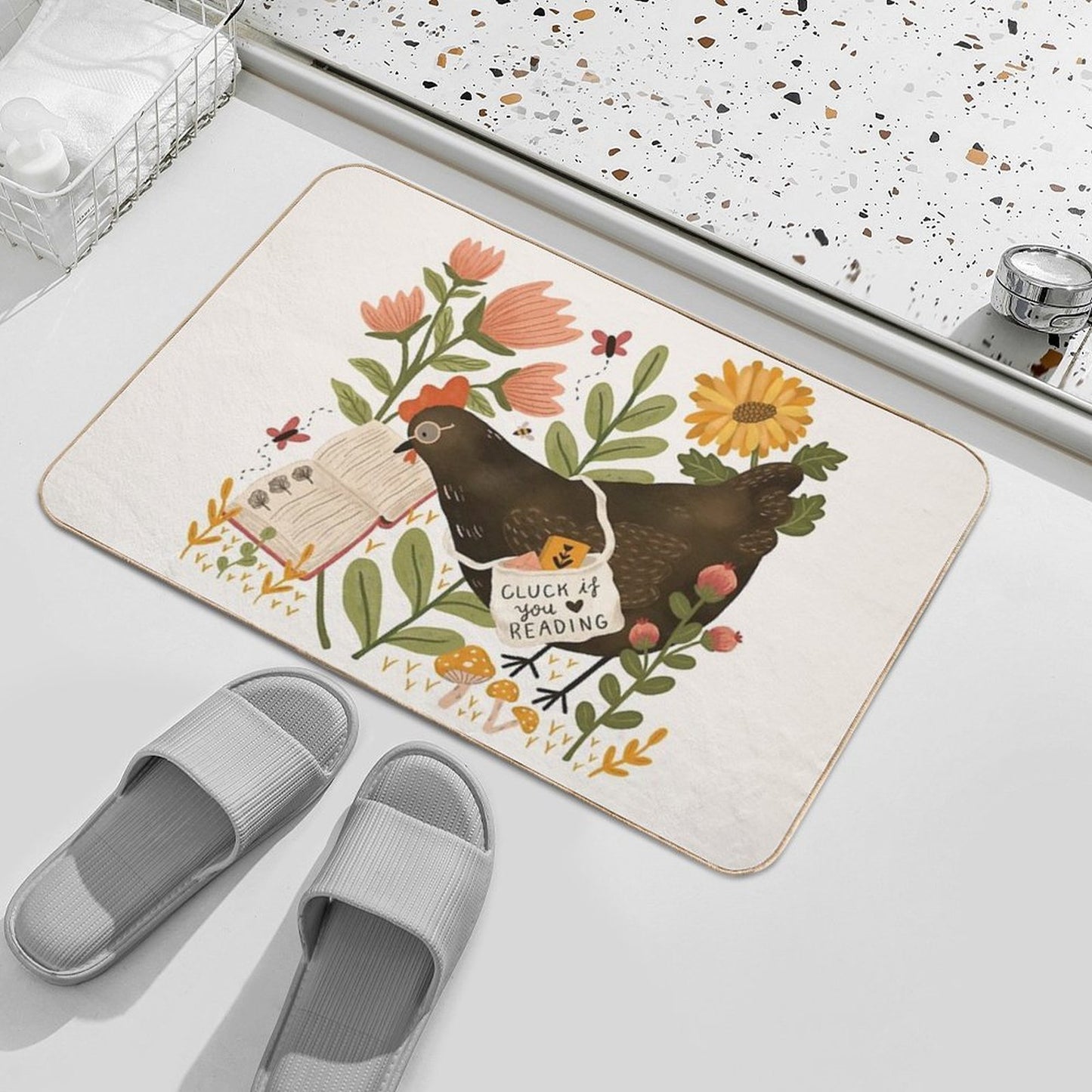 Chicken Reading A Book  Non-Slip Bath Mat