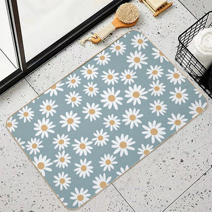 Blue Daisies - Daisy Pattern, Floral, Florals, Flower, Retro, Vintage, 70s, Camel, Brown, Rust, Earthy, Terracotta  Slip-Resistant Bath Mat