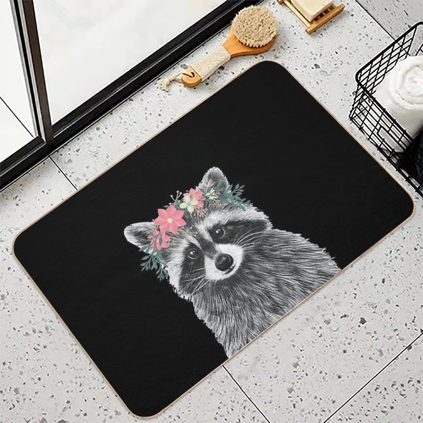 Raccoon Floral Crown Flowers Funny Cute Animal Raccoon Gift  Stain-Proof Bath Mat
