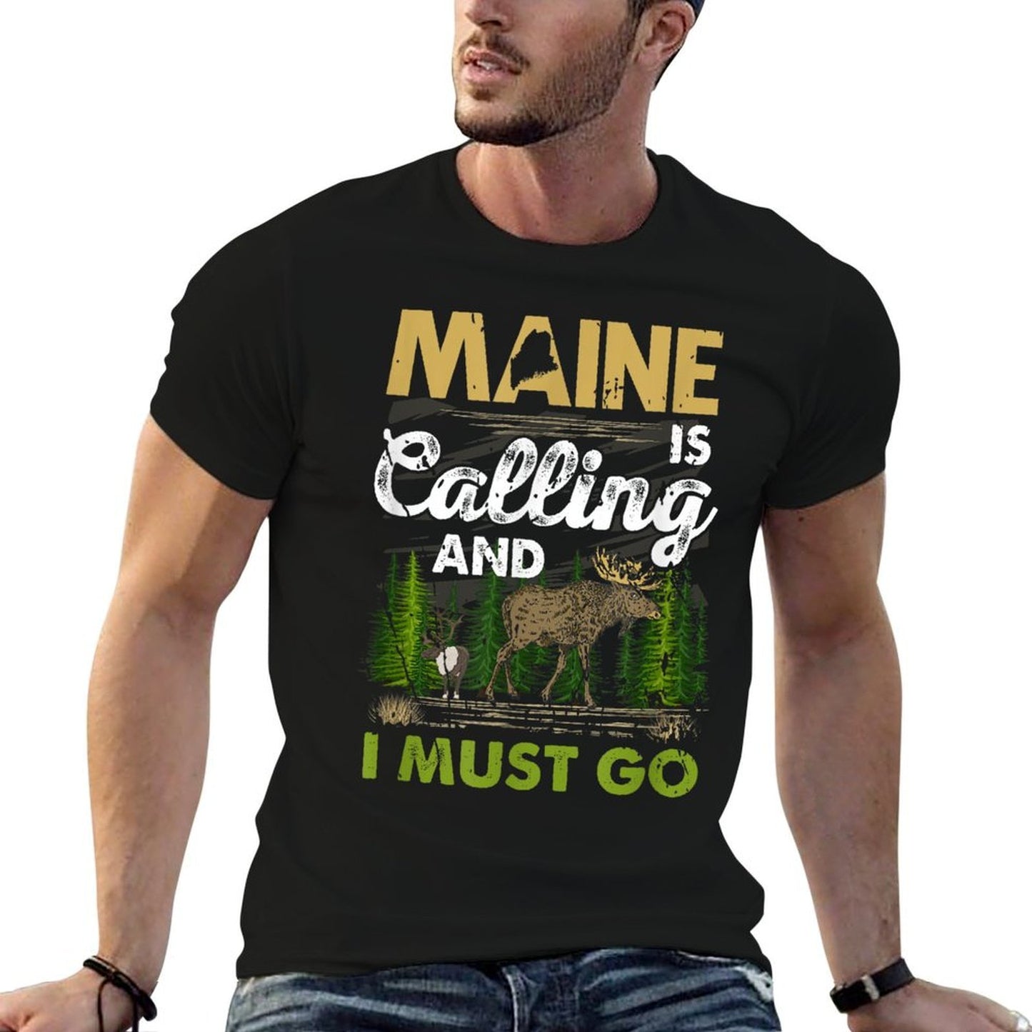 Maine Is Calling And I Must Go Funny Vacation Moose Forest  Polyester Blend T-Shirt