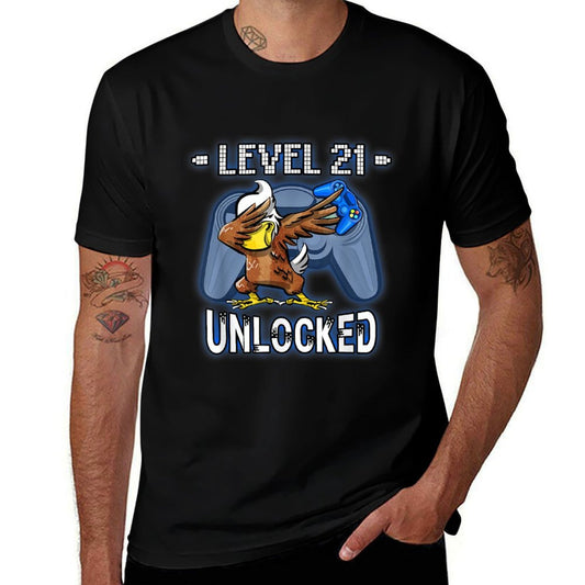 Level 21 Unlocked - Funny Dabbing Eagle Gamer 21st Birthday  Fade-proof Color T-Shirt