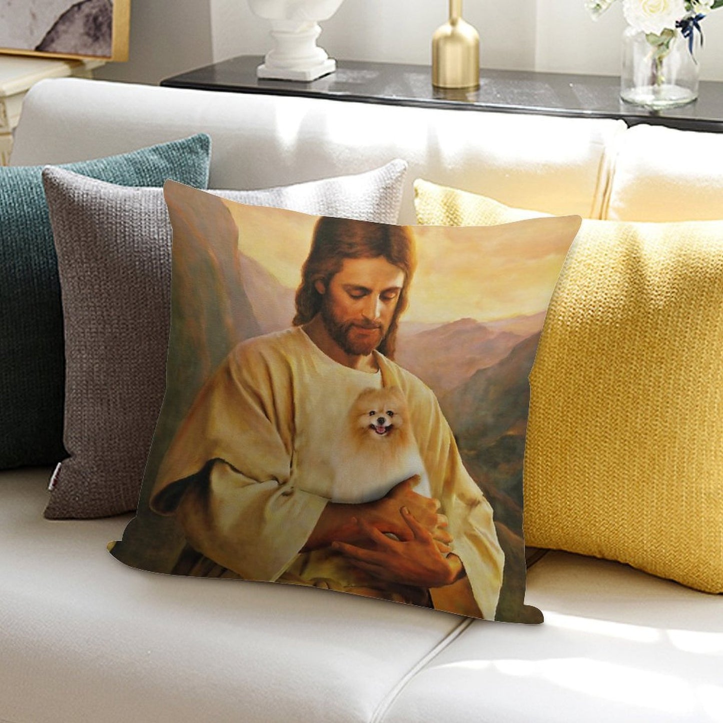 Pomeranian Dog And Jesus Lover Soft Decorative Cover Throw Pillow
