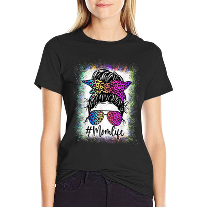 Womens Mom Life Bleached Rainbow Leopard Messy Bun  Stretchy T-Shirt