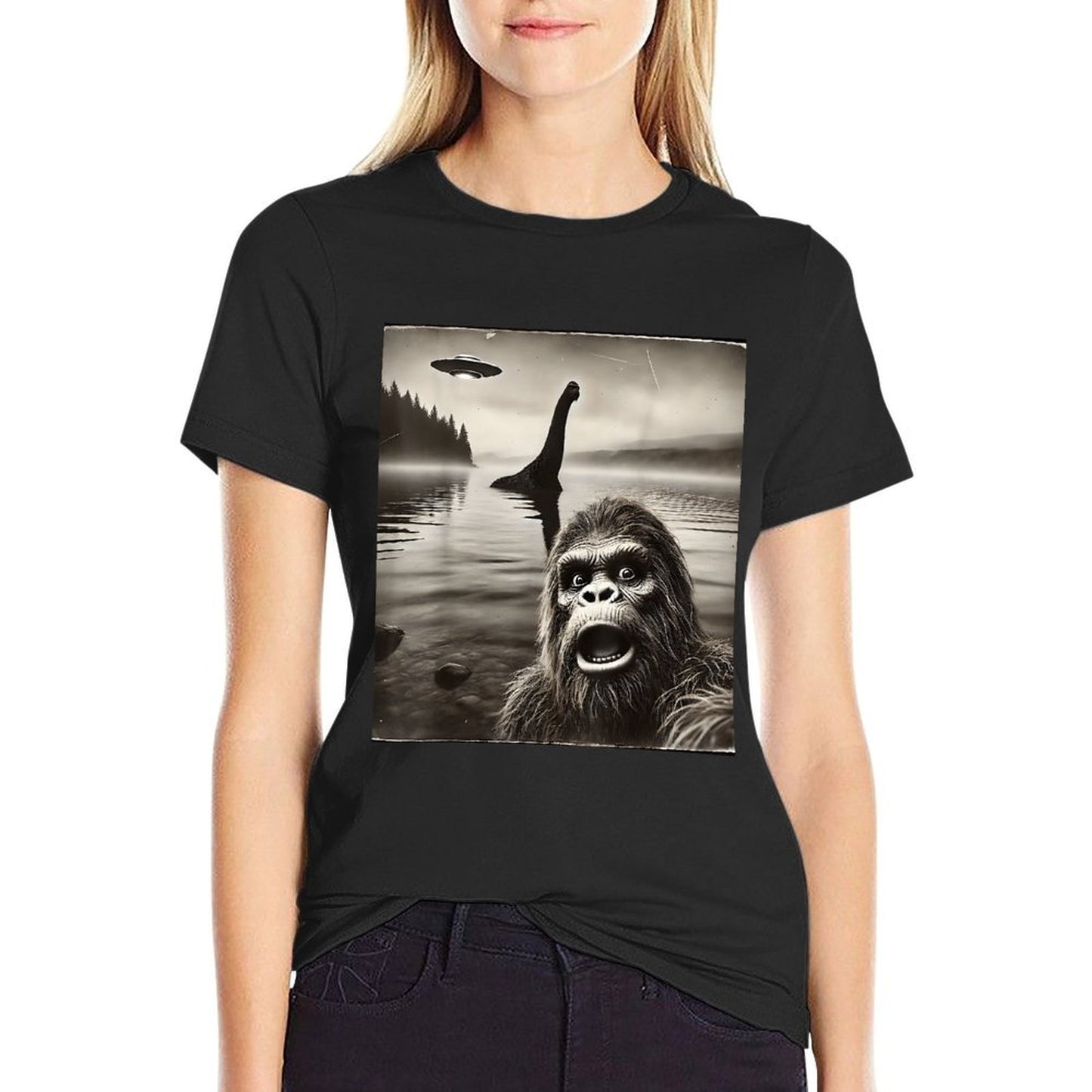 Bigfoot Selfie With Loch Ness Monster And UFO Aliens Graphic  Affordable Price T-Shirt