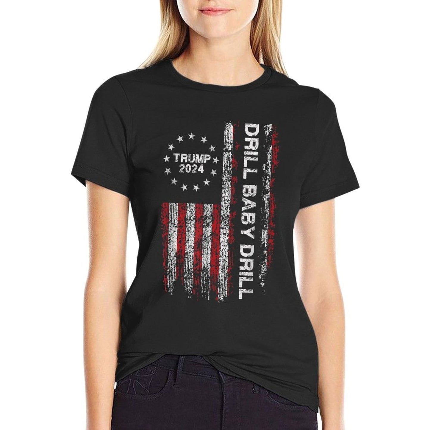 Trump 2024 Drill Baby Drills US Vintage Unisex-Adults Black Small Modern Round Neck Political-Support-T-Shirt  Classic T-Shirt