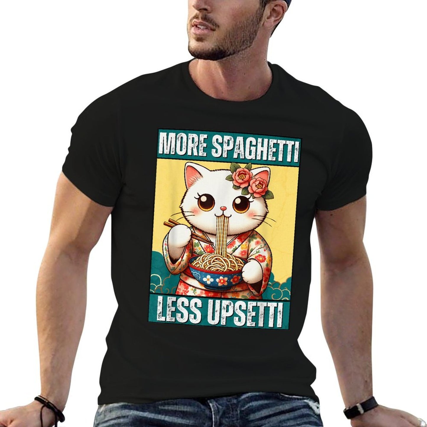 More Spaghetti Less Upsetti Funny Cat Eats Spaghetti Meme Men Women  Relaxed-fit T-Shirt