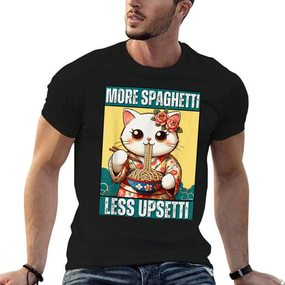 More Spaghetti Less Upsetti Funny Cat Eats Spaghetti Meme Men Women  Relaxed-fit T-Shirt