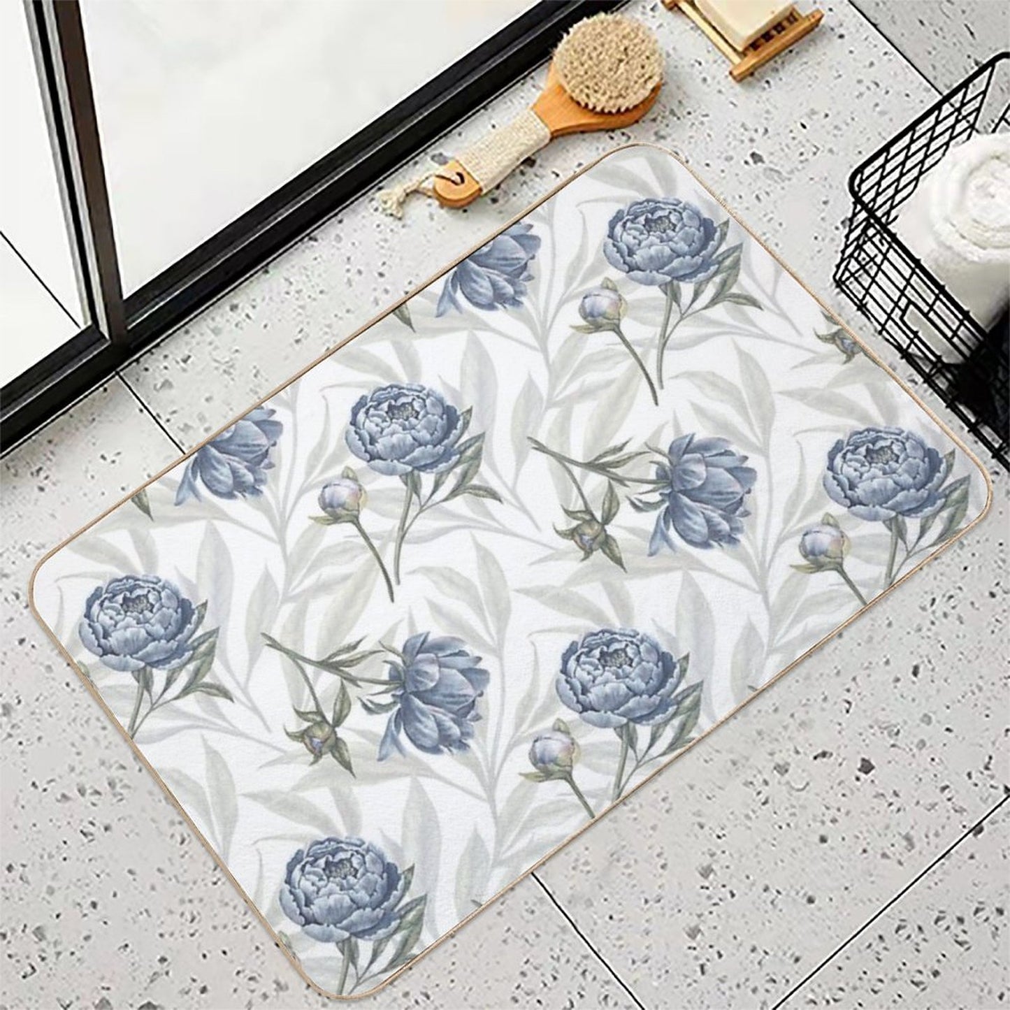 Watercolor Indigo Blue Peonies And Translucent Leaves Pattern with White Background.  Rapid-Drying Bath Mat