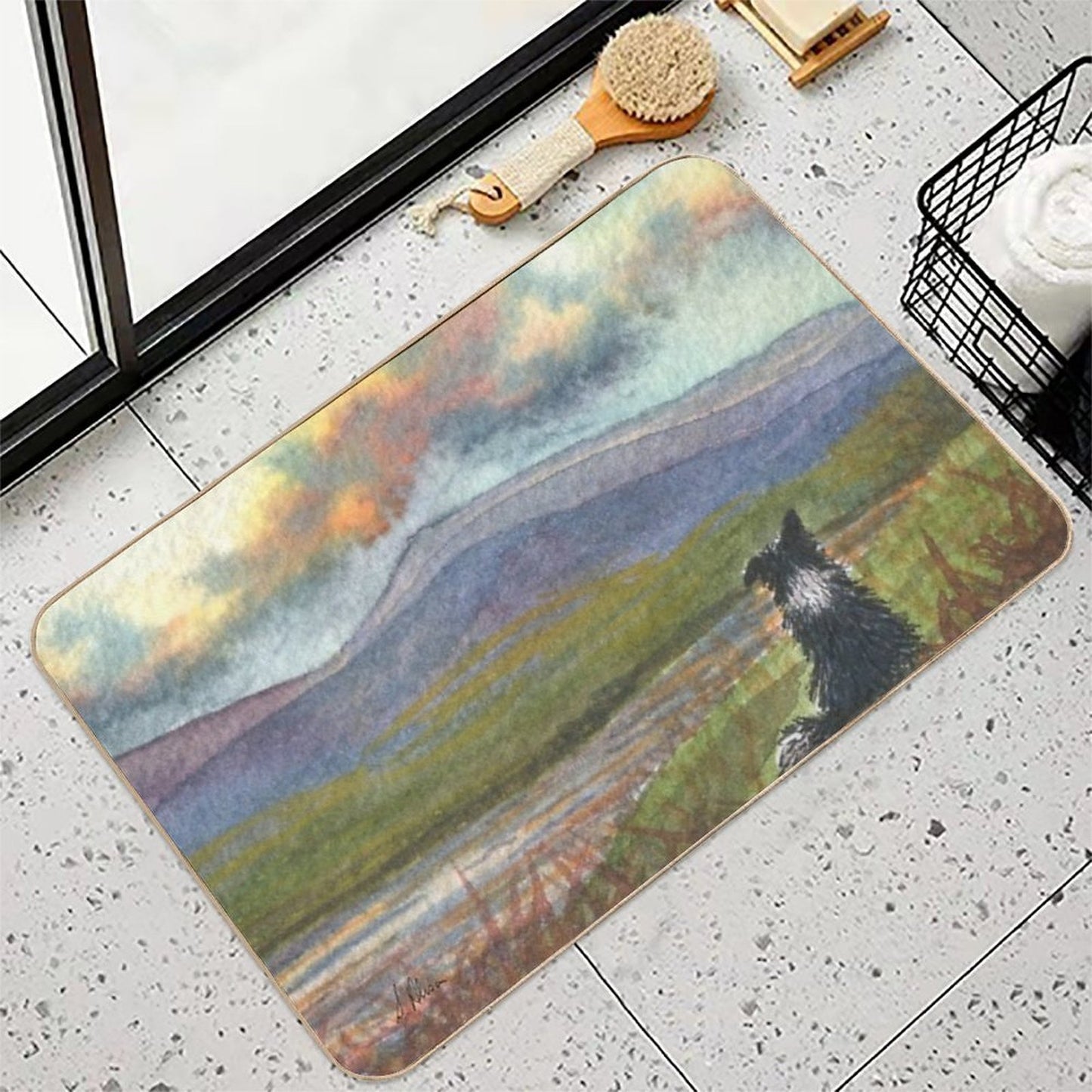 Border Collie Dog Meditates on The Hills And Mountains before Him  Slip-Resistant Bath Mat
