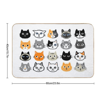 Assorted Cat Faces  Cute Quirky Kitty Cat Drawings  Non-Slip Bath Mat
