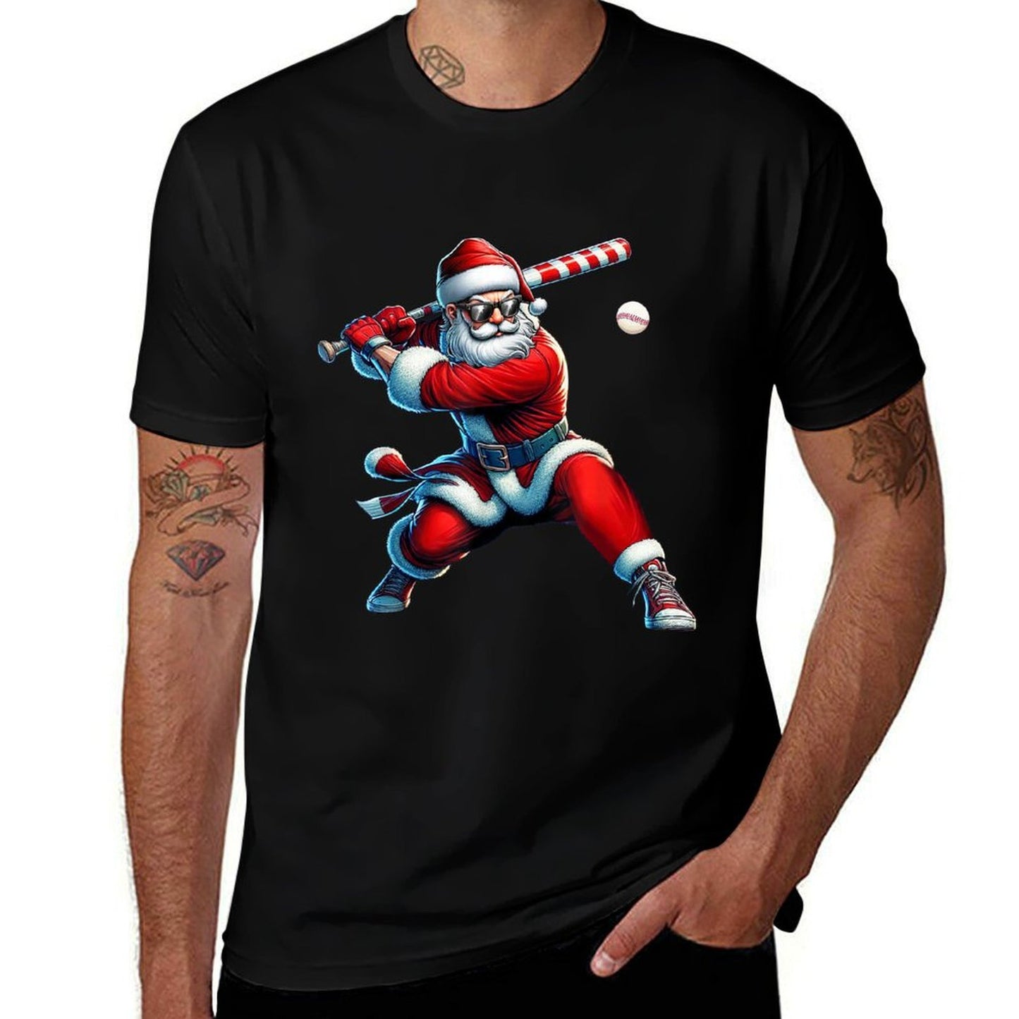 Santa Playing Baseball Men Boys Christmas Baseball Player  Tagless Design T-Shirt
