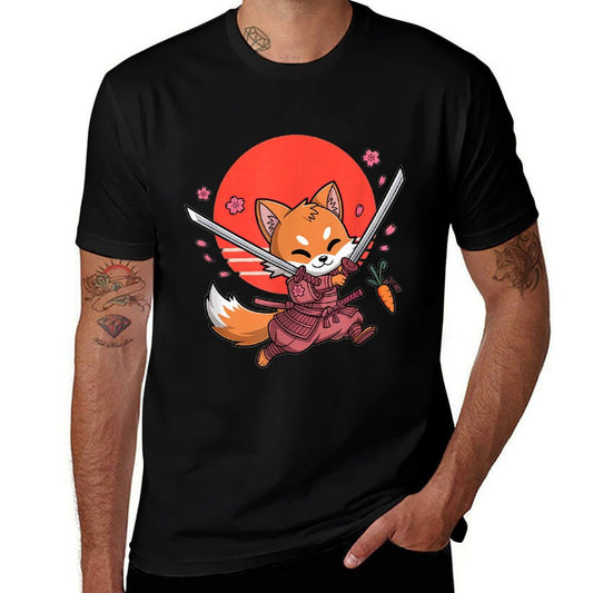 Kawaii Samurai Fox with Swords And Sakura Blossoms  High-quality Stitching T-Shirt