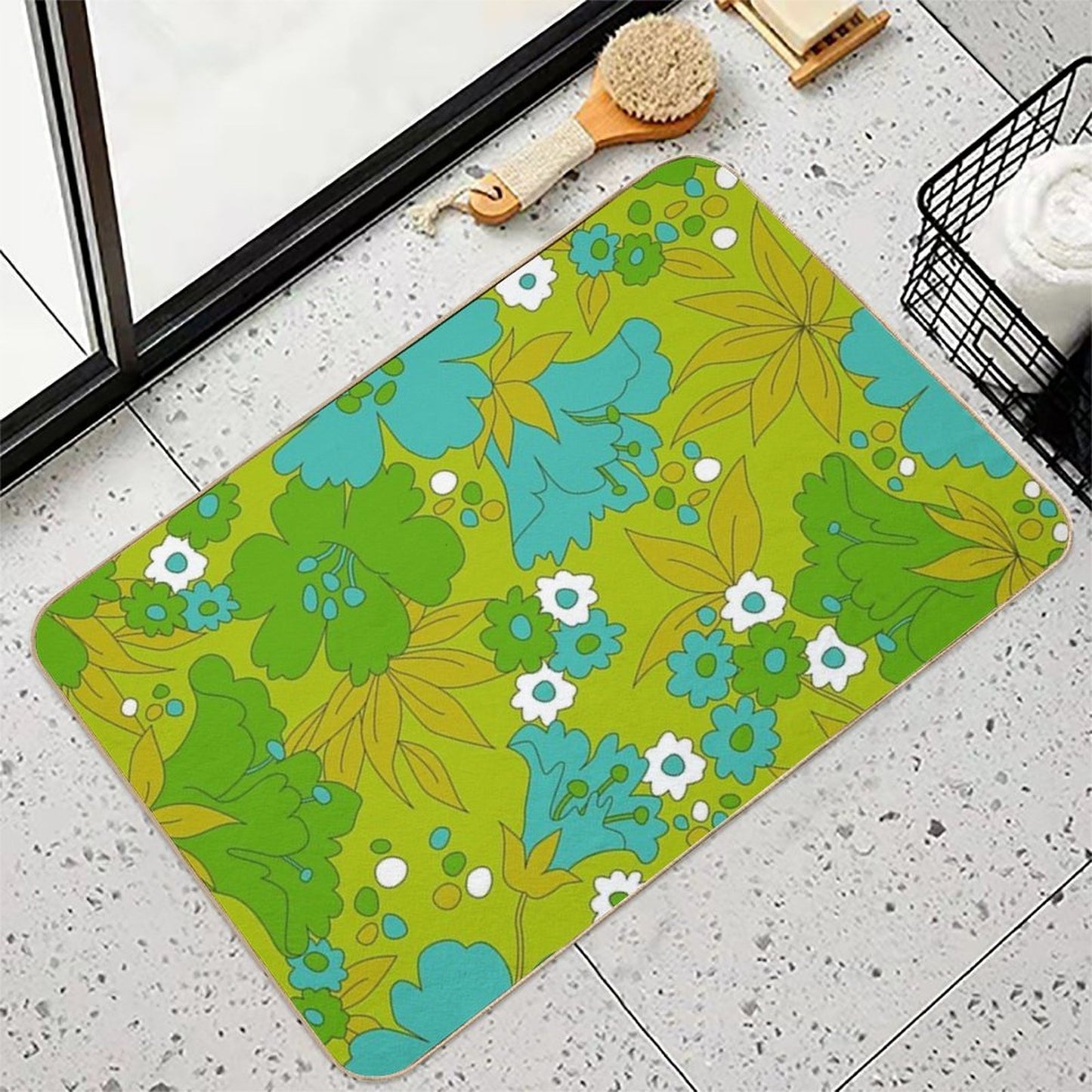 Green, Turquoise, And White Retro Flower Pattern  Multi-Purpose Bath Mat