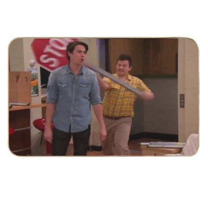 Gibby Hitting Spencer with A Stop Sign  Anti-Trip Bath Mat