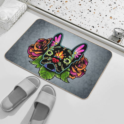 Day of The Dead French Bulldog in Black Sugar Skull Dog  High-Traffic Bath Mat