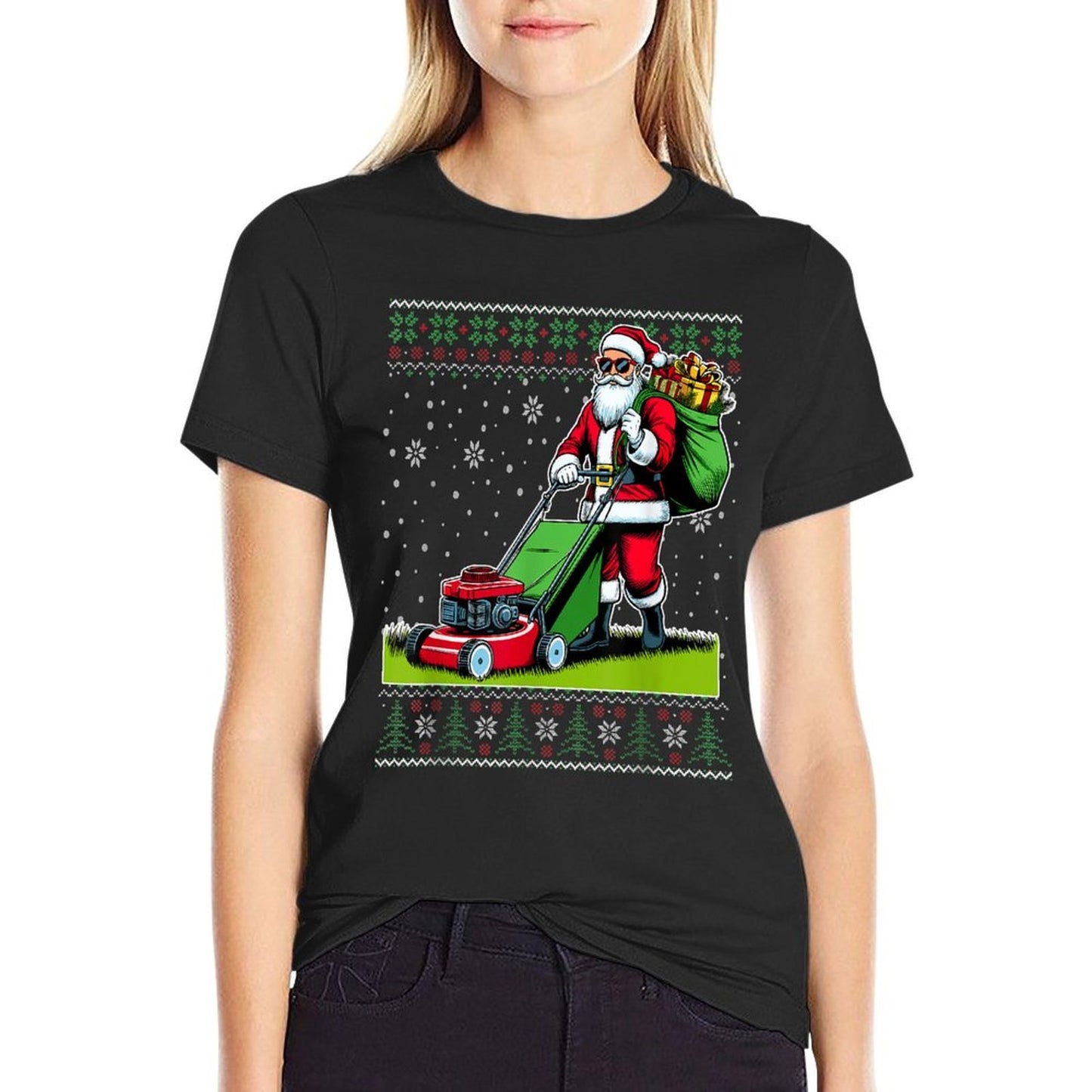Christmas Santa Claus Mowing Lawn Ugly Christmas Sweater  Slim-fit Cut T-Shirt