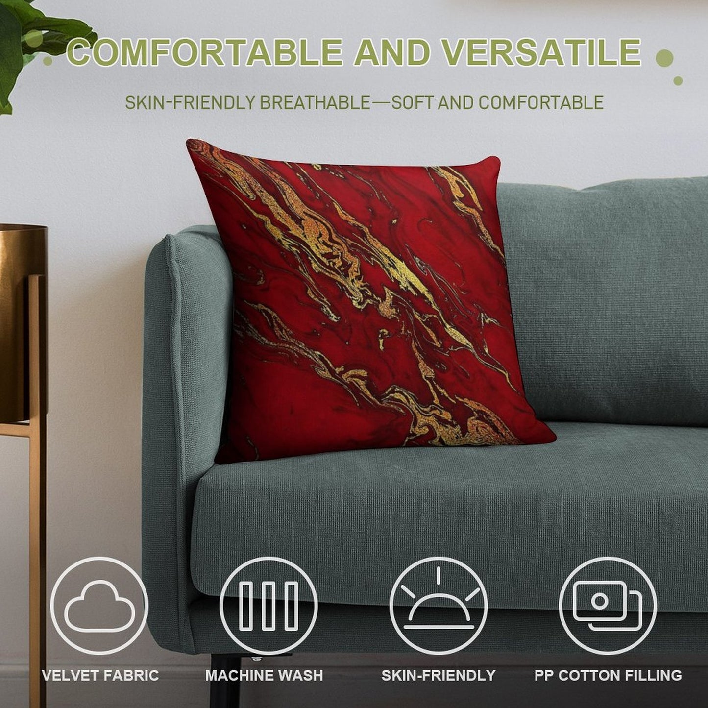 Faux Fire Red And Gold Marble Soft Ultra-Soft Texture Throw Pillow