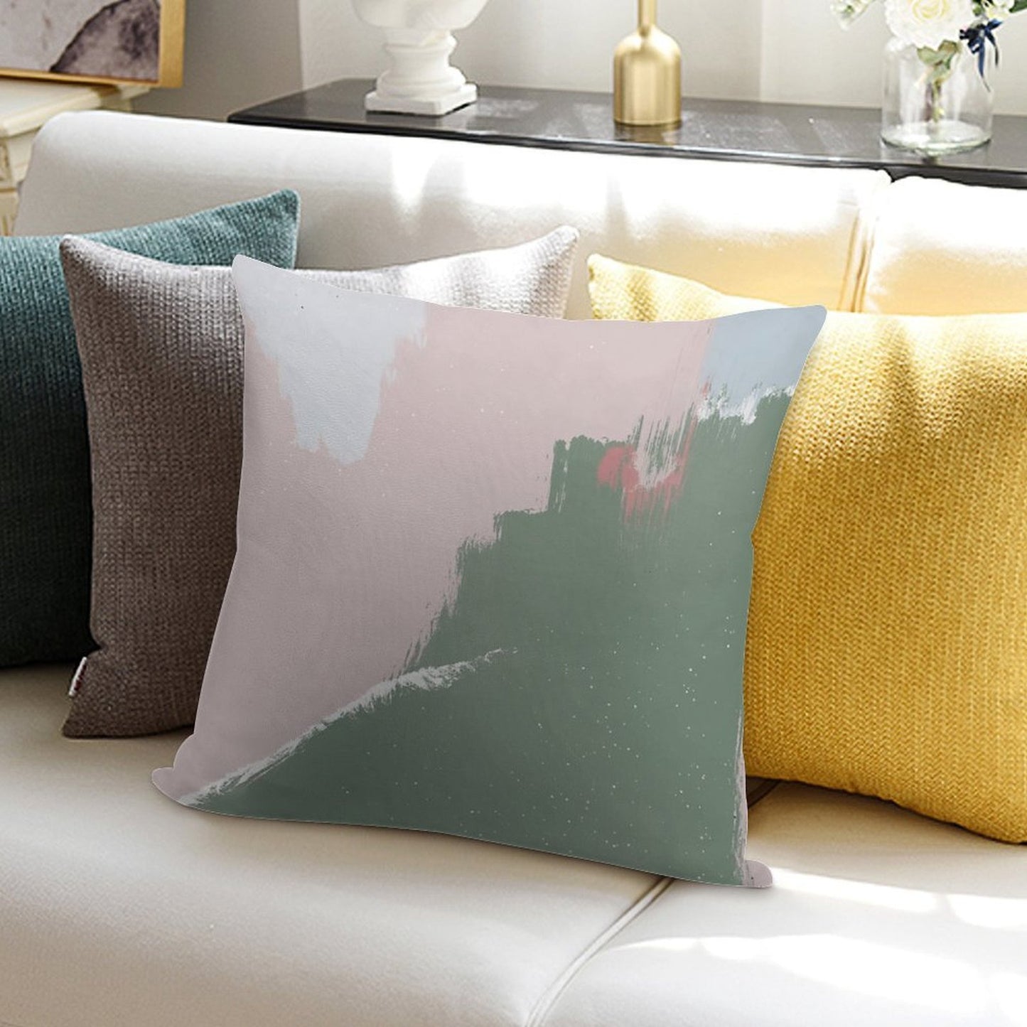 Modern Abstract Art Painting in Sage Green & Blush Pink Soft Style Accent Throw Pillow