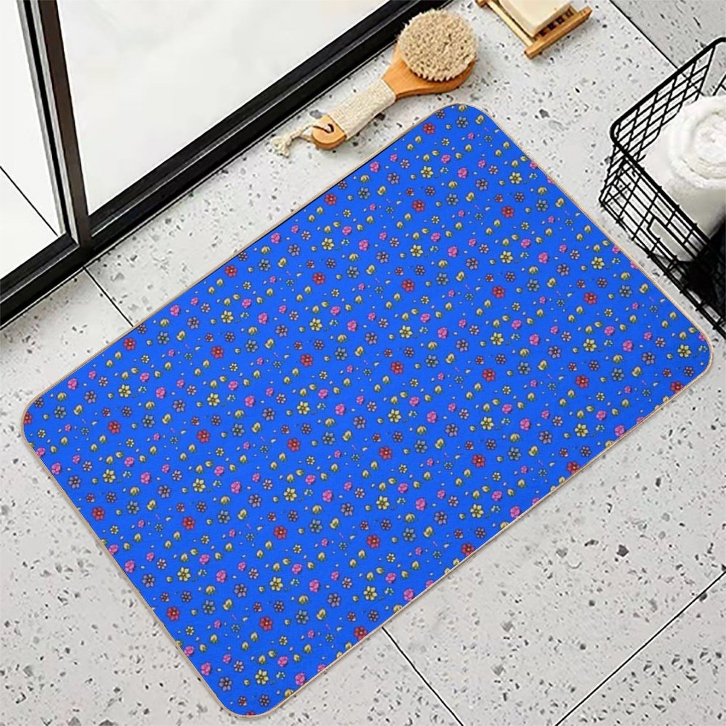 Hand-painted Floral Digital Art Print - BLUE Durable Bath Mat