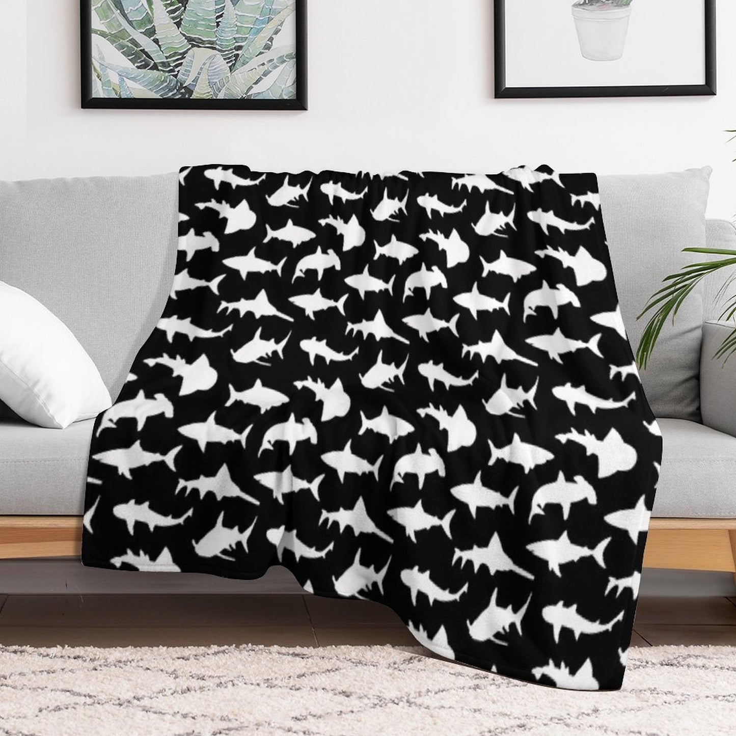 Sharks on Black Machine-washable Throw Blanket