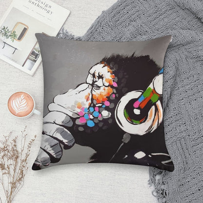 Banksy DJ Monkey Thinker with Headphones Soft Bedroom Essential Throw Pillow