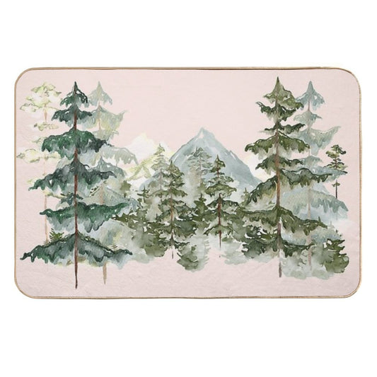 Watercolor Pine Forest And Mountain Aesthetic Graphic  Easy To Clean Bath Mat