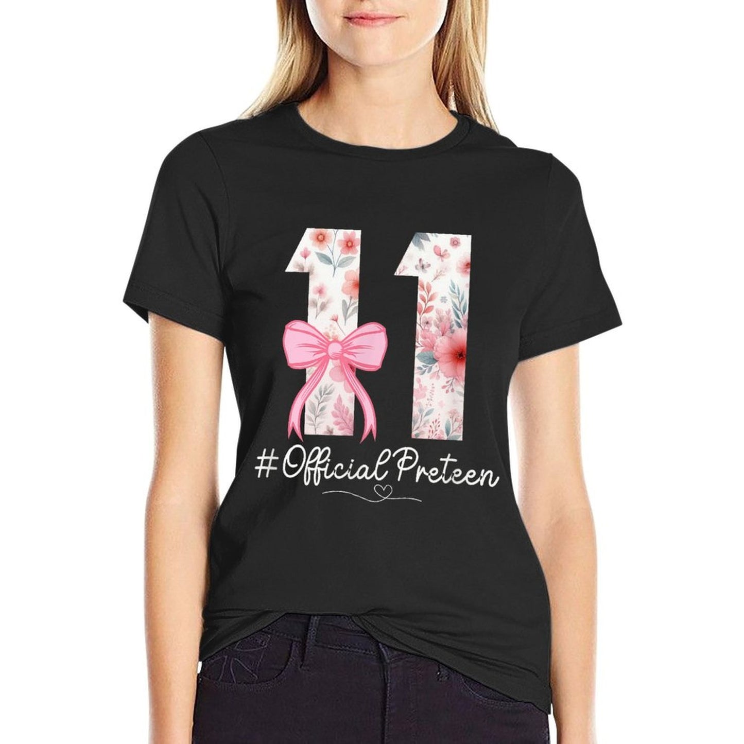11 Year Old Birthday Girls Coquette Bow 11th Bday Floral  Heathered Texture T-Shirt