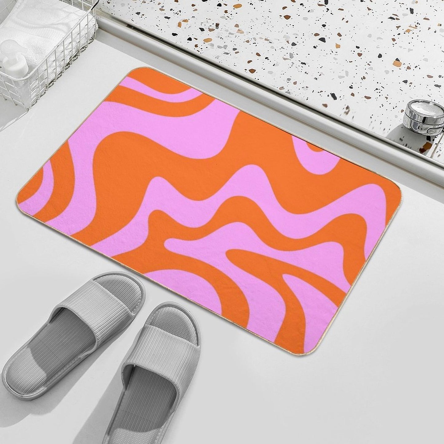 Retro Liquid Swirl Abstract Pattern Square in Hot Pink And Red-Orange  Multi-Purpose Bath Mat