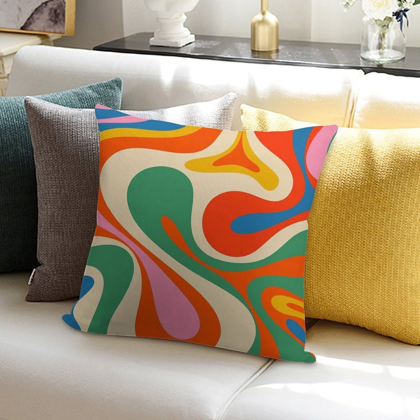 Mod Swirl Colorful Retro Abstract Pattern in Rainbow Pop Colours Soft High-Density Material Throw Pillow