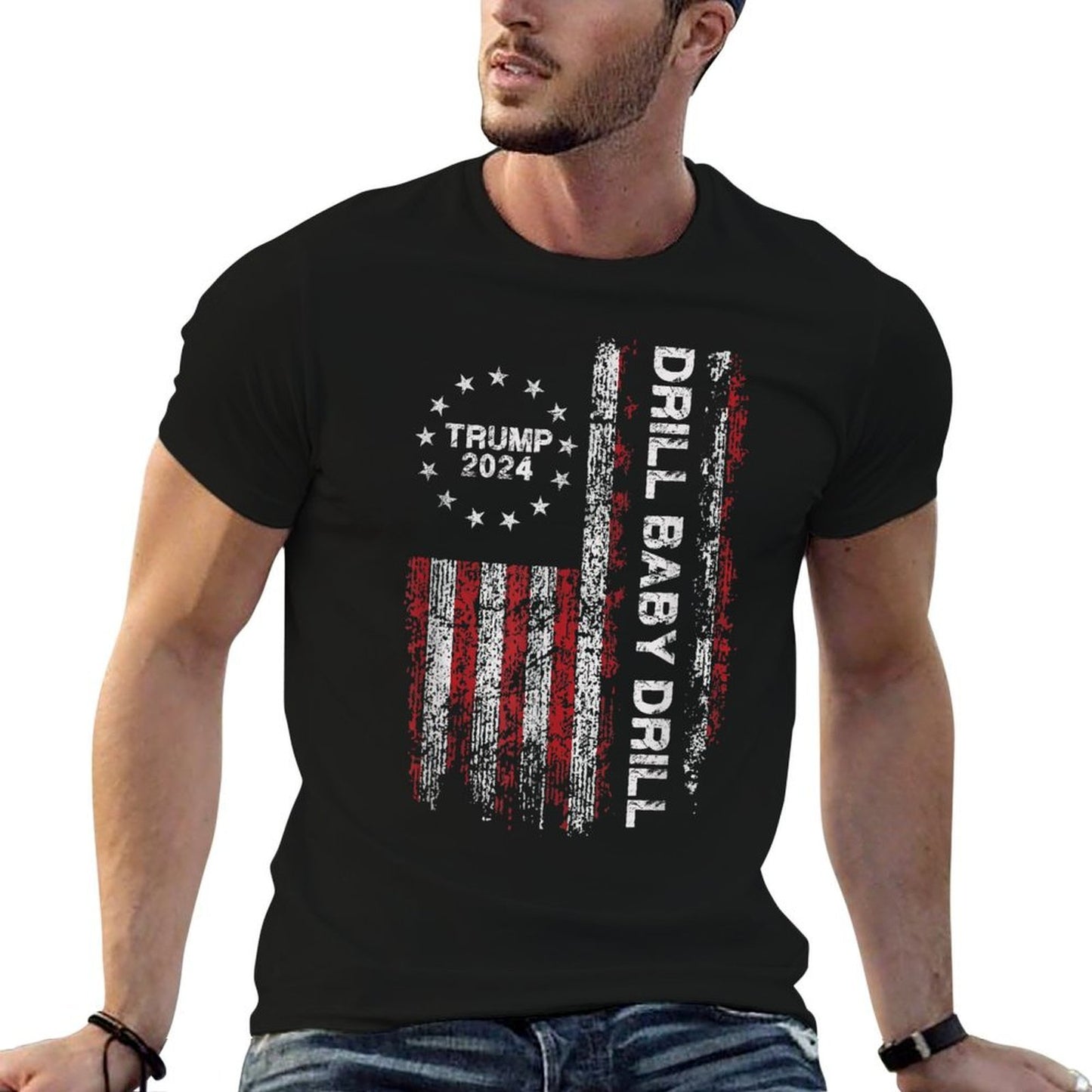 Trump 2024 Drill Baby Drills US Vintage Unisex-Adults Black Small Modern Round Neck Political-Support-T-Shirt  Classic T-Shirt