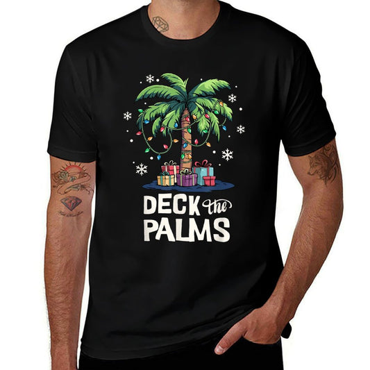 Deck The Palms Family Vacation Tropical Palm Tree Christmas  Ribbed Collar T-Shirt