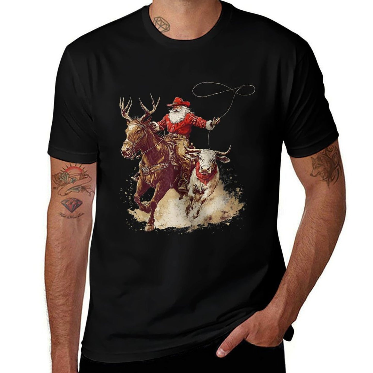 Merry Christmas Xmas Santa Cowboy Western Pajamas Holiday  Summer-ready Fabric T-Shirt