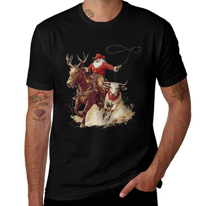 Merry Christmas Xmas Santa Cowboy Western Pajamas Holiday  Summer-ready Fabric T-Shirt
