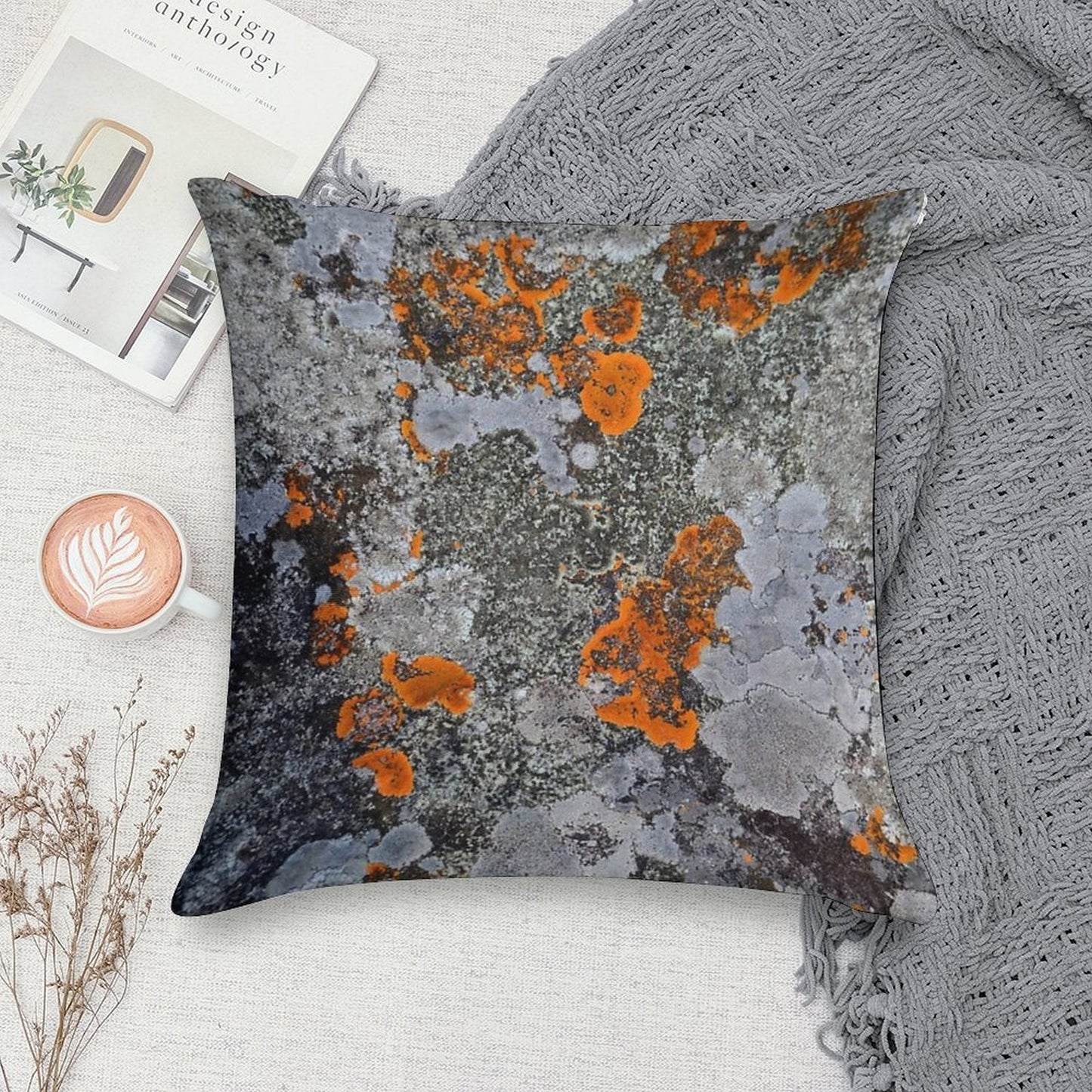 Orange And Grey Lichen Soft High-Density Material Throw Pillow