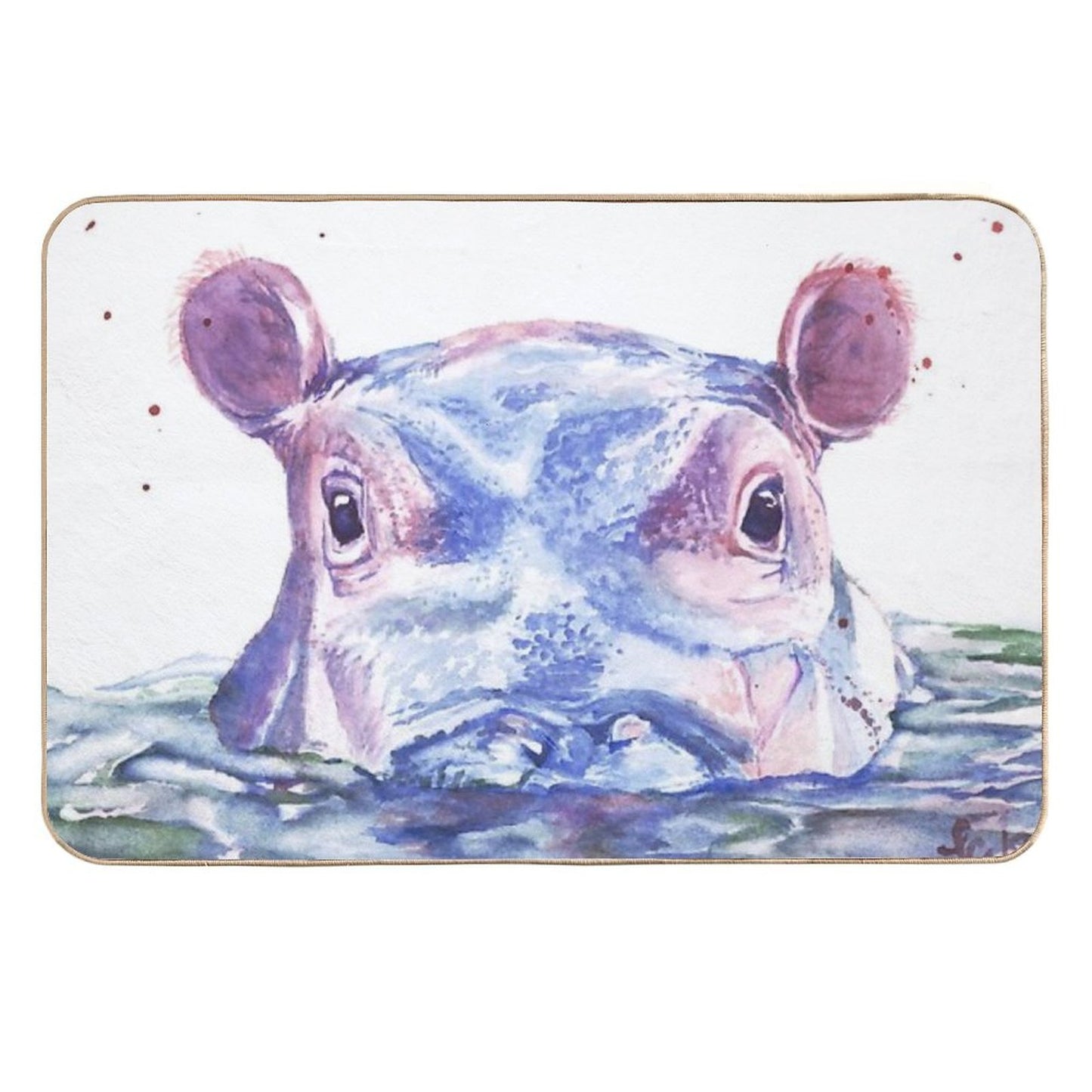 Happy Hippo Watercolor Painting  Eco-Friendly Bath Mat