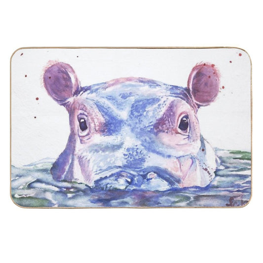 Happy Hippo Watercolor Painting  Eco-Friendly Bath Mat