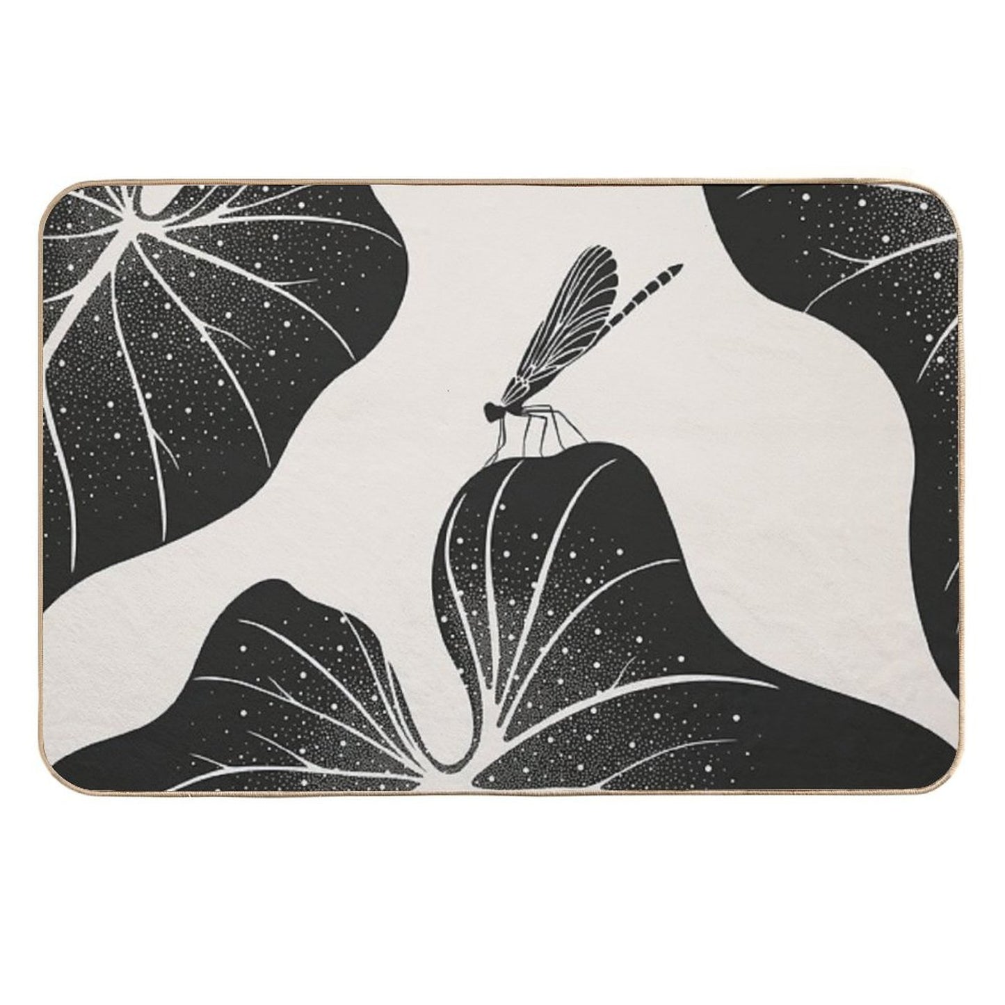 Dragonfly on Leaf with Water Drops, Minimalist Illustration  Easy Maintenance Bath Mat