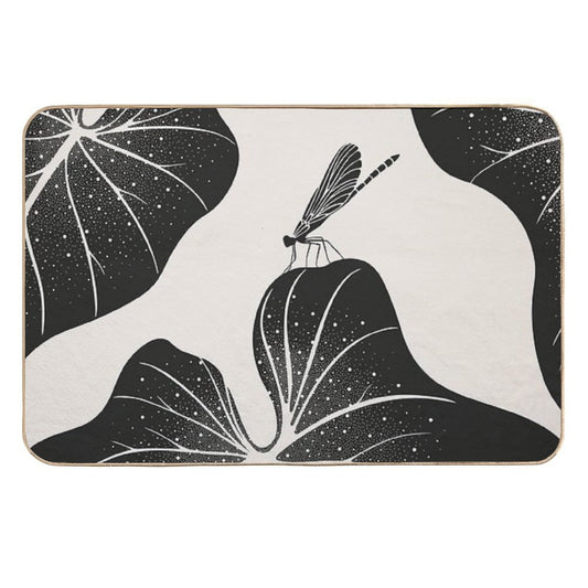 Dragonfly on Leaf with Water Drops, Minimalist Illustration  Easy Maintenance Bath Mat