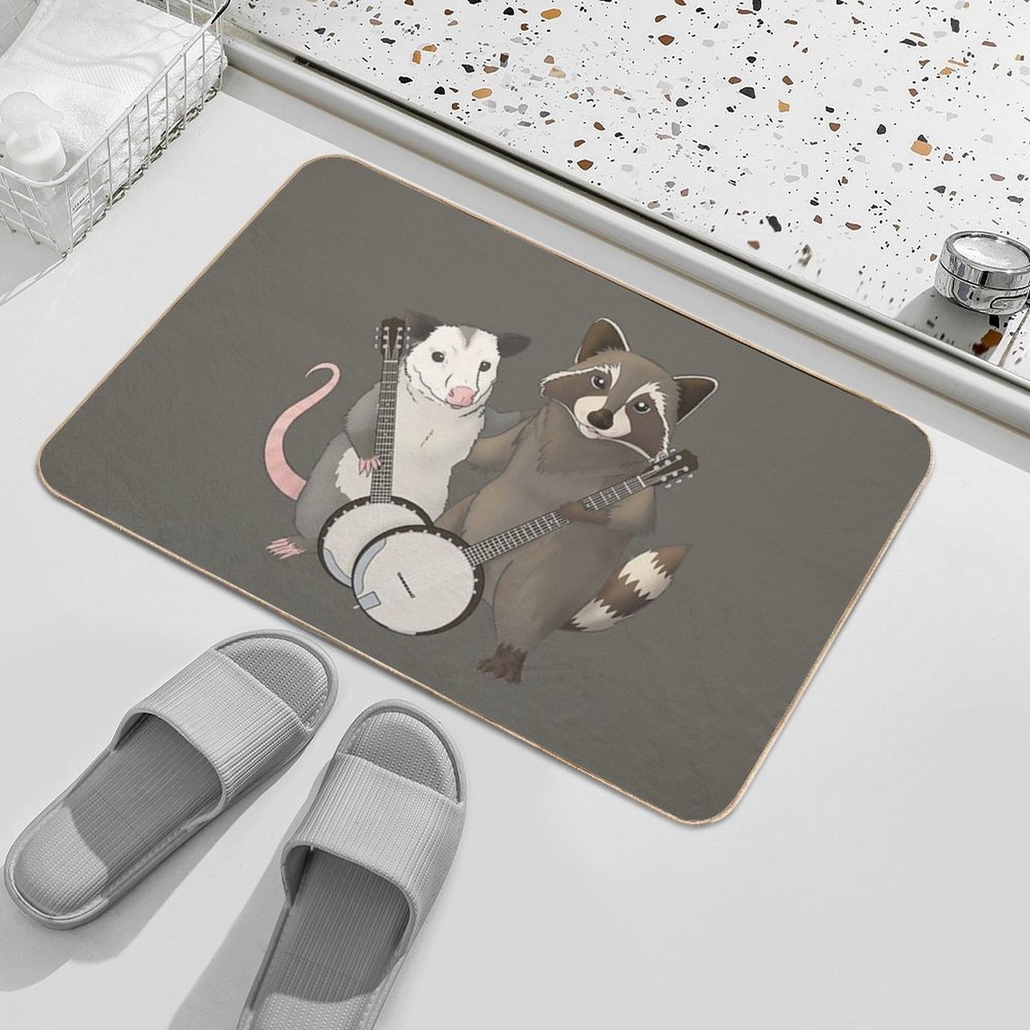 Opossum And Raccoon with Banjos  Long-Lasting Bath Mat