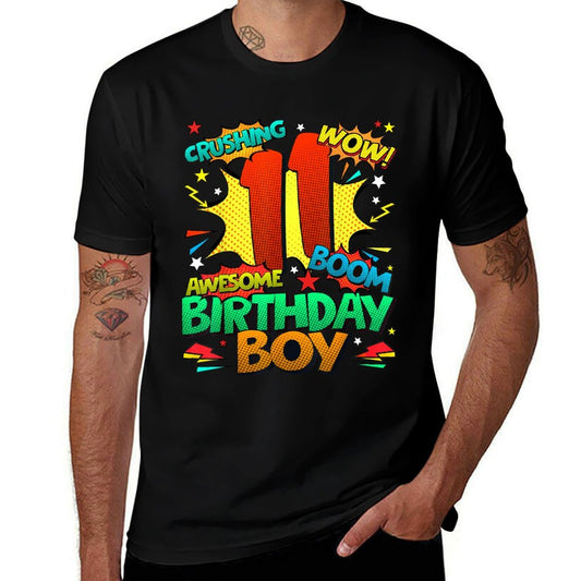 11th Birthday Kids Comic Style Kids Boys 11 Year Old Gifts  Ribbed Collar T-Shirt