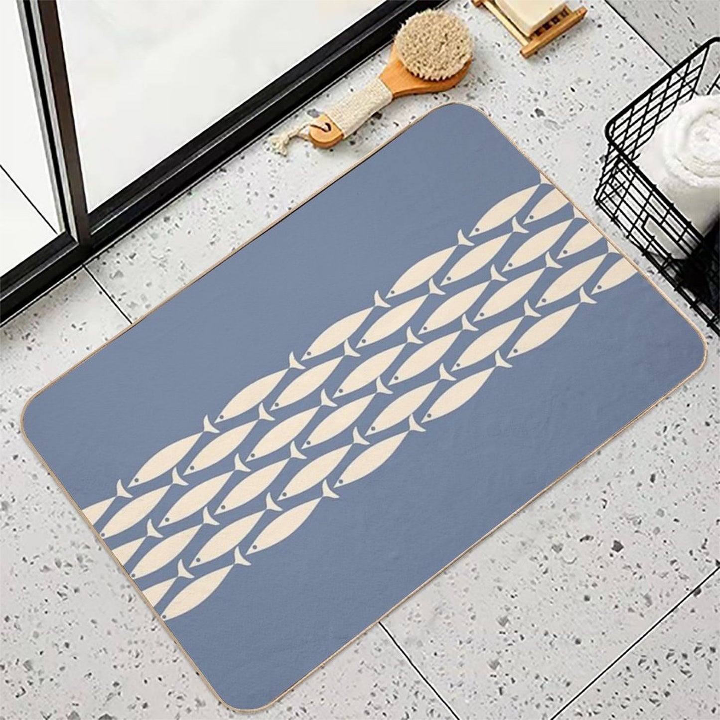 Fish Stripe 6 - Minimalist Mid Century Modern Pattern in Stone Blue And Cream  Repositionable Bath Mat
