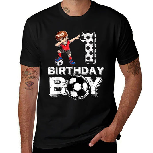 Kids 1 Year Old Birthday Boy Soccer 1st Party Dabbing Boy  Soft T-Shirt