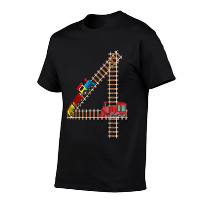 Kids 4th Birthday Train Boys Girls Fun 4 Year Old Train  Ribbed Collar T-Shirt
