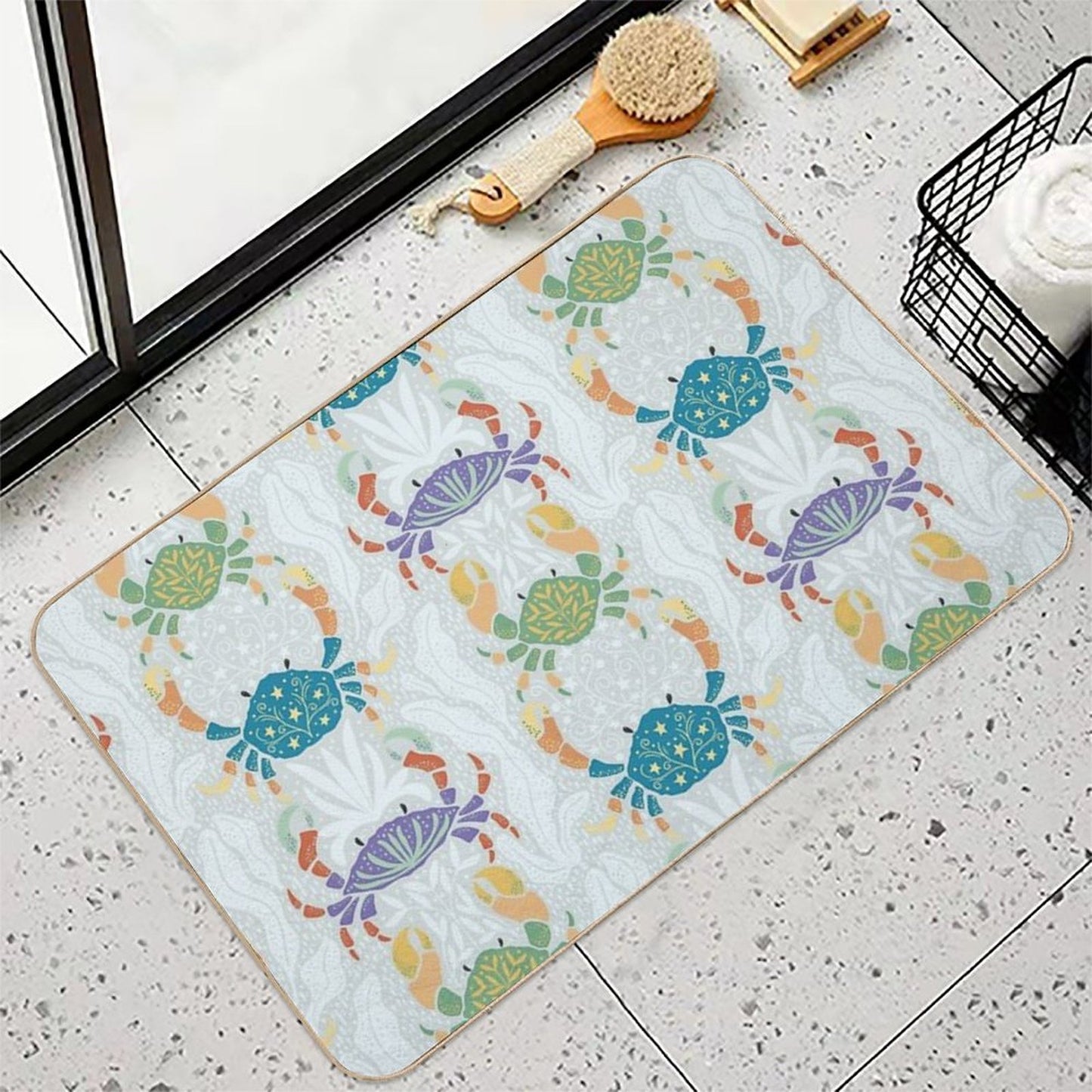Colorful Crabs' Seaweed Parade [blue]  Easy To Clean Bath Mat