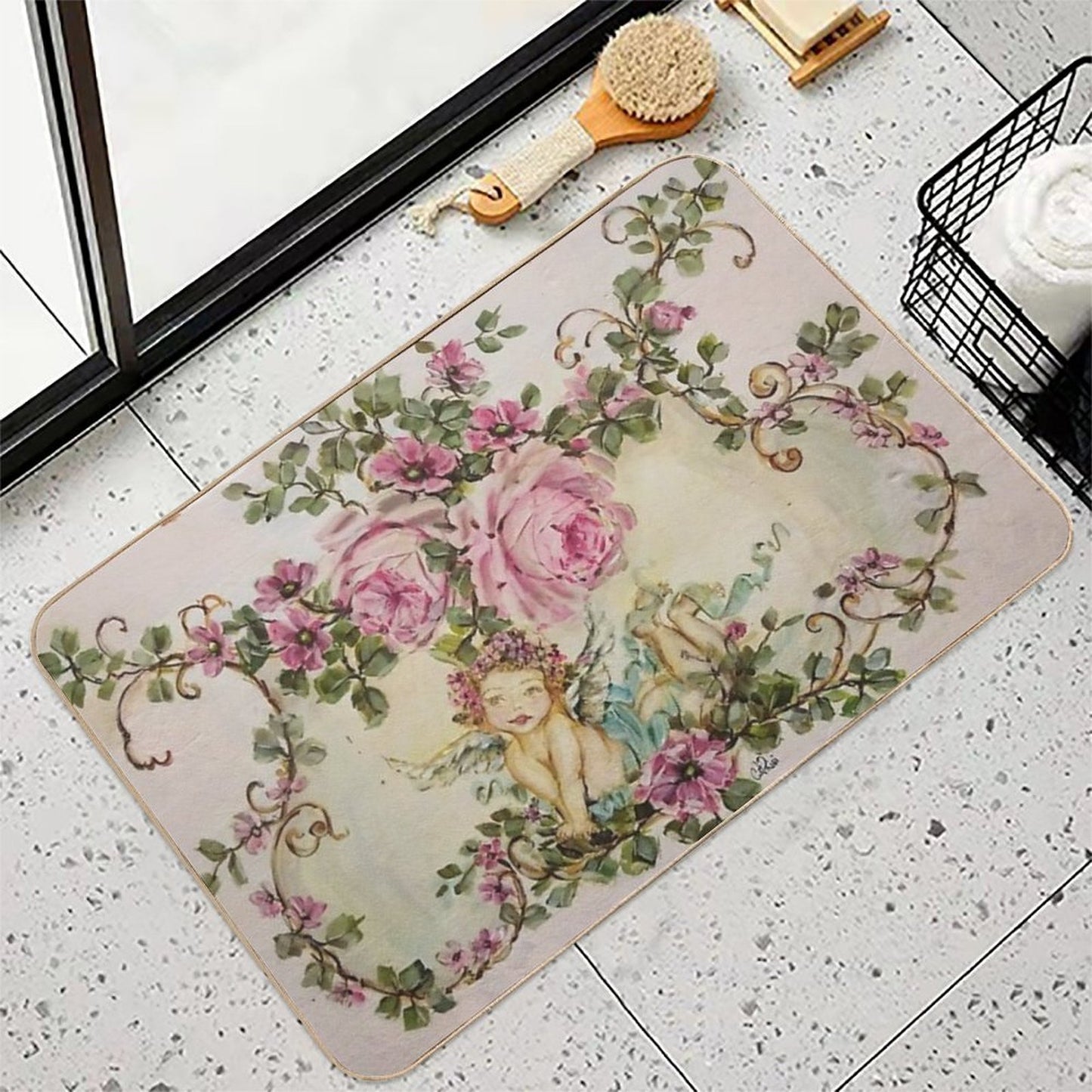 Sweet Cherub And Pink Roses Shabby Chic  Dirt-Trapping Bath Mat